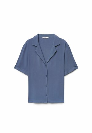 Camicia blu a maniche corte con bottoni, colletto e polsini piegati, mostrata distesa su sfondo bianco.