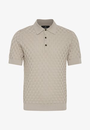 Bežna pletena polo majica z reliefnim karirastim vzorem, kratkimi rokavi in tremi rjavimi gumbi pri ovratniku. Mehka, raztegljiva tkanina.