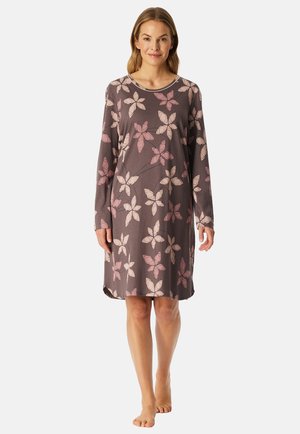 Long-sleeve nightgown in soft, gray fabric with a floral pattern in pink and white. Round neck and relaxed fit. Hemline slightly curved.