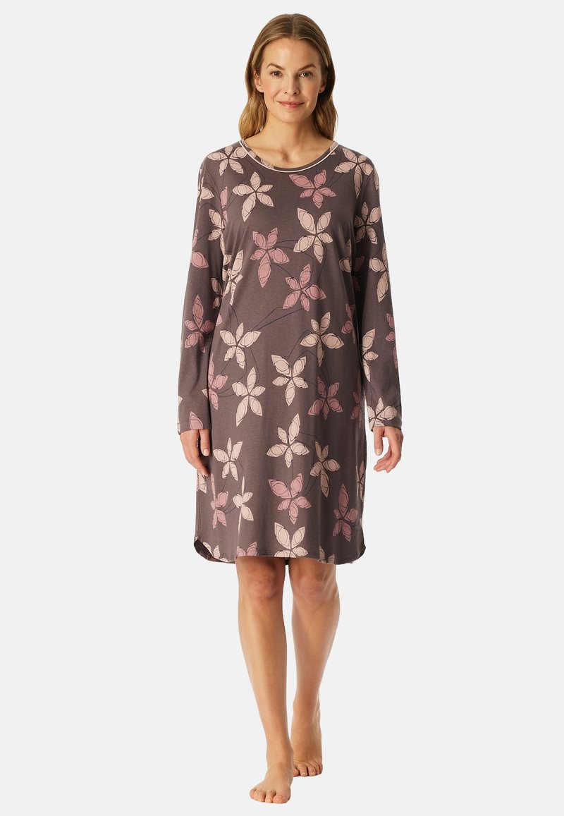 Long-sleeve nightgown in soft, gray fabric with a floral pattern in pink and white. Round neck and relaxed fit. Hemline slightly curved.