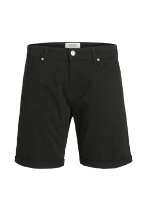 Mustad teksast lühikesed püksid, millel on üleskeeratud ääred, vööaasad, ees nupud, lukk ja küljetaskud, silt Jack & Jones.