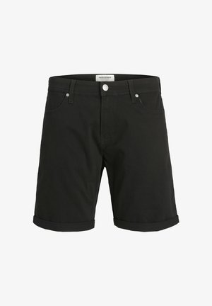 Mustad teksast lühikesed püksid, millel on üleskeeratud ääred, vööaasad, ees nupud, lukk ja küljetaskud, silt Jack & Jones.