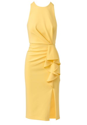 Vestito midi giallo senza maniche con collo alto, dettaglio di balza laterale e spacco frontale. Tessuto liscio con silhouette aderente.