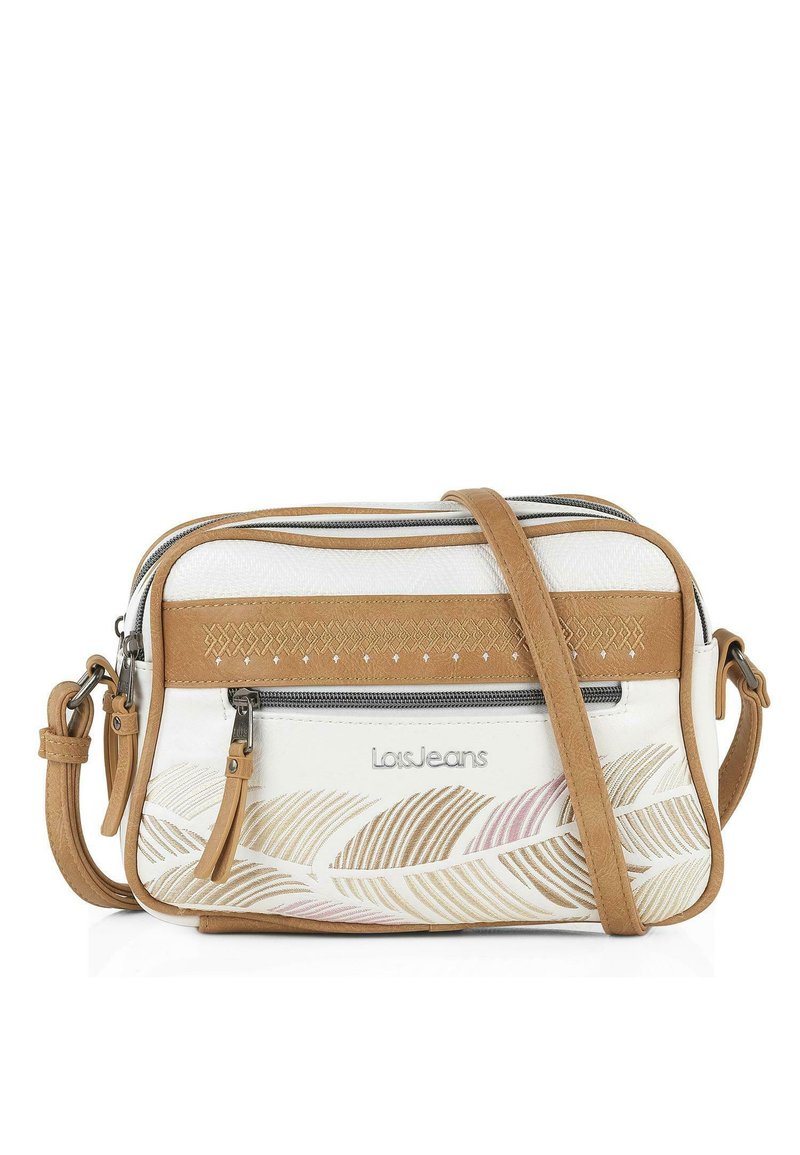 Bandolera blanca con acentos en color marrón, que cuenta con un cierre de cremallera, patrones de hojas en relieve y detalle del logo. Material sintético texturizado.