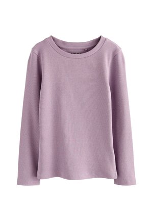 Chemise à manches longues de couleur violet clair en tissu côtelé, avec un col rond et une coupe décontractée avec des ourlets droits.