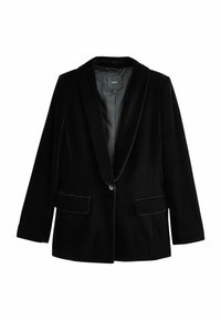 Svart sammet blazer med slagkrage, enkel knappstängning, två framfickor och slätt innerfoder. Skräddarsydd passform och mjuk textur.