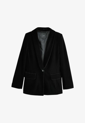 Schwarze Samtblazer mit Reverskragen, Ein-Knopf-Verschluss, zwei vorderen Taschen und glattem Innenfutter. Taillierte Passform und weicher Stoff.