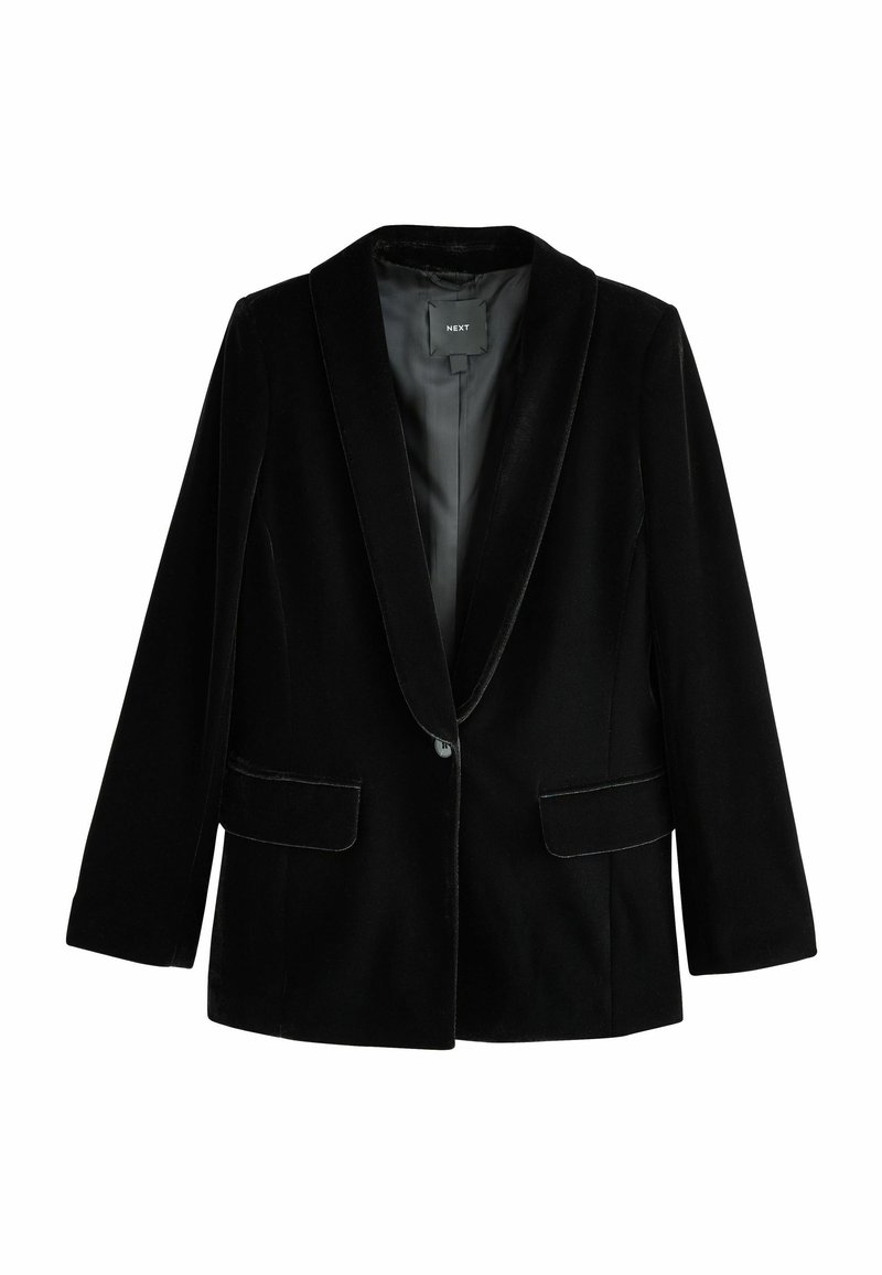 Svart sammet blazer med slagkrage, enkel knappstängning, två framfickor och slätt innerfoder. Skräddarsydd passform och mjuk textur.