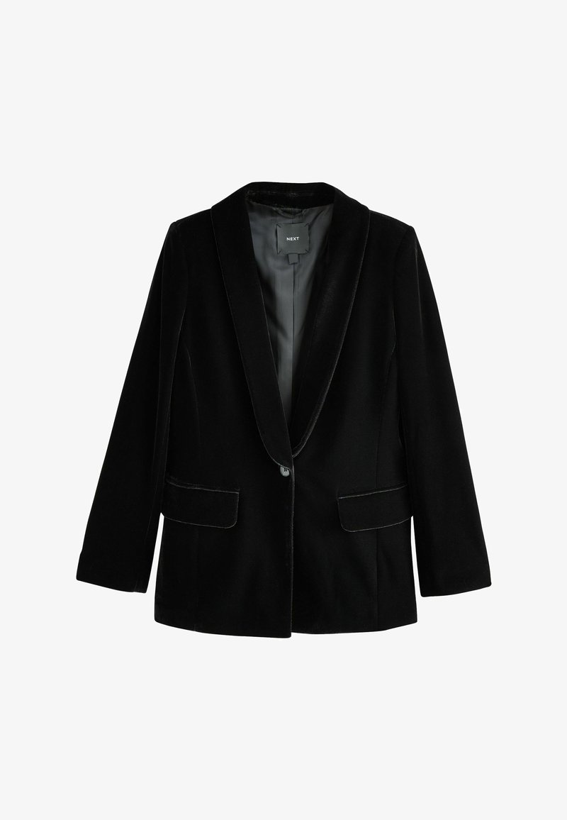 Blazer in velluto nero con rever a punta, chiusura a un bottone, due tasche frontali e fodera interna liscia. Vestibilità sartoriale e texture morbida.
