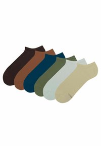 Zestaw sześciu par niskich skarpet w różnych kolorach: ciemny brąz, rdzawy, teal, oliwkowa zieleń, jasny niebieski i kremowy. Gładka bawełniana struktura.