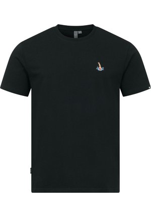 Schwarzes T-Shirt mit kurzen Ärmeln und einem kleinen gestickten Motiv von Taucherbeinen und einer Wasserfontäne auf der linken Brust.