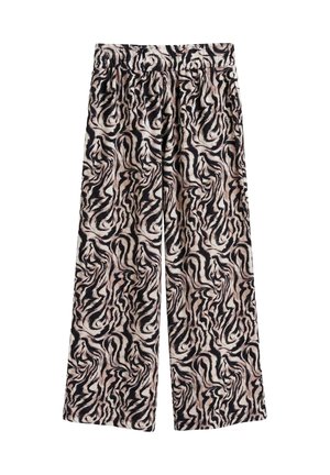 Pantalon à jambes larges avec taille élastique présentant un motif tourbillonnant abstrait noir et beige sur fond clair.