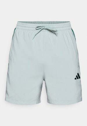 Svetlomodré športové šortky s elastickým pásom, sťahovacou šnúrkou a zelenými bočnými detailmi. Na spodnej pravej strane čierne logo Adidas.