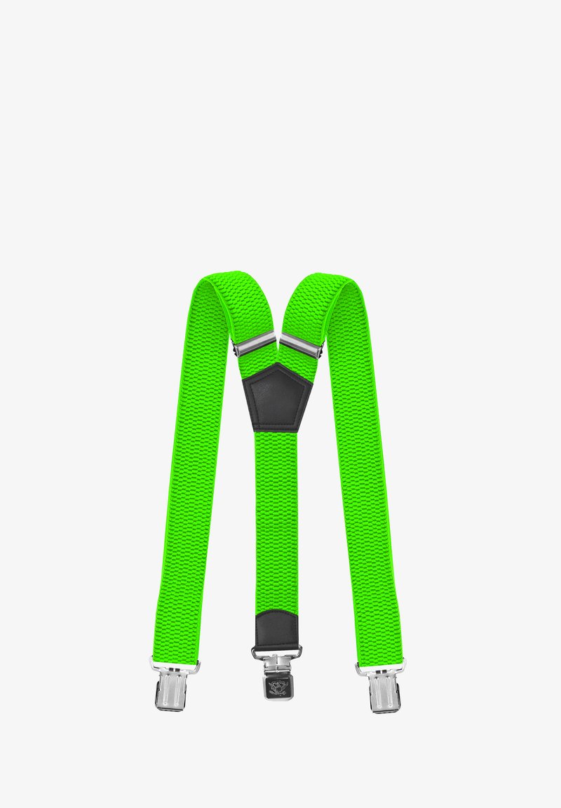 Helle grüne, strukturierte Hosenträger mit schwarzen Lederelementen und silbernen Metallclips, angeordnet in einer M-Form auf einem weißen Hintergrund.