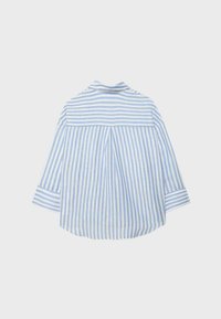 Blue and white vertically striped long-sleeve shirt with back yoke and pleat detail, shown from behind on a plain background.