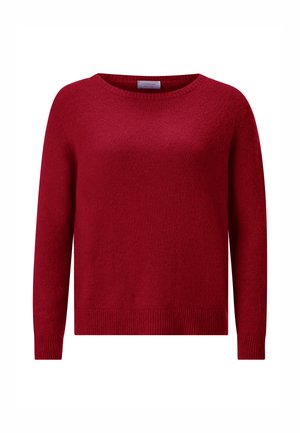 Suéter de punto rojo con cuello redondo, mangas largas y dobladillo acanalado. Textura suave y un color sólido y vibrante en toda su superficie.