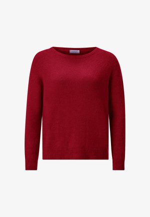 Punane kudumisi jumper ümmarguse kaelusega, pikkade varrukatega ja soonikkoes hemiga. Pehme tekstuur ja ühtlane, erksavärviline toon.