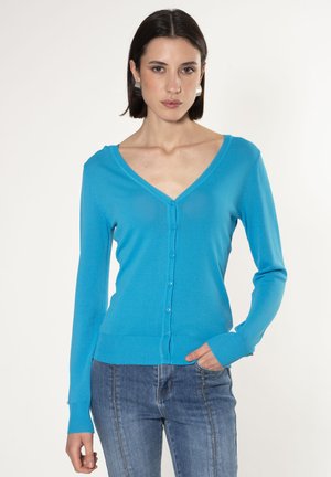 V-Ausschnitt-Strickjacke in leuchtendem Blau, gestrickter Stoff. Mit langen Ärmeln, Knöpfen vorne und gerippten Bündchen und Saumdetails. Getragen mit Jeans.