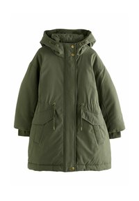 Khakigrüne Daunenjacke mit Kapuze, ausgestattet mit goldfarbenen Druckknöpfen, Kordelzug in der Taille und zwei Fronttaschen. Glattes, strukturiertes Material.