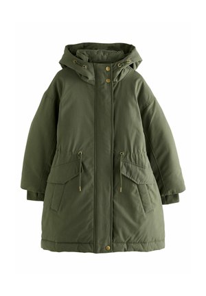 Cămașă puffer verde khaki cu glugă, având nasturi aurii, talie ajustabilă cu șnur și două buzunare frontale. Material neted, cu o textură plăcută.