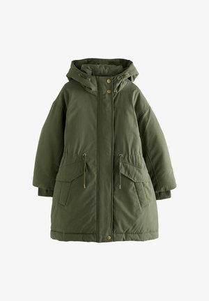 Khaki zelená péřová bunda s kapucí, zdobená zlatými patentkami, stahovacími šňůrkami v pase a dvěma předními kapsami. Hladká, texturovaná tkanina.