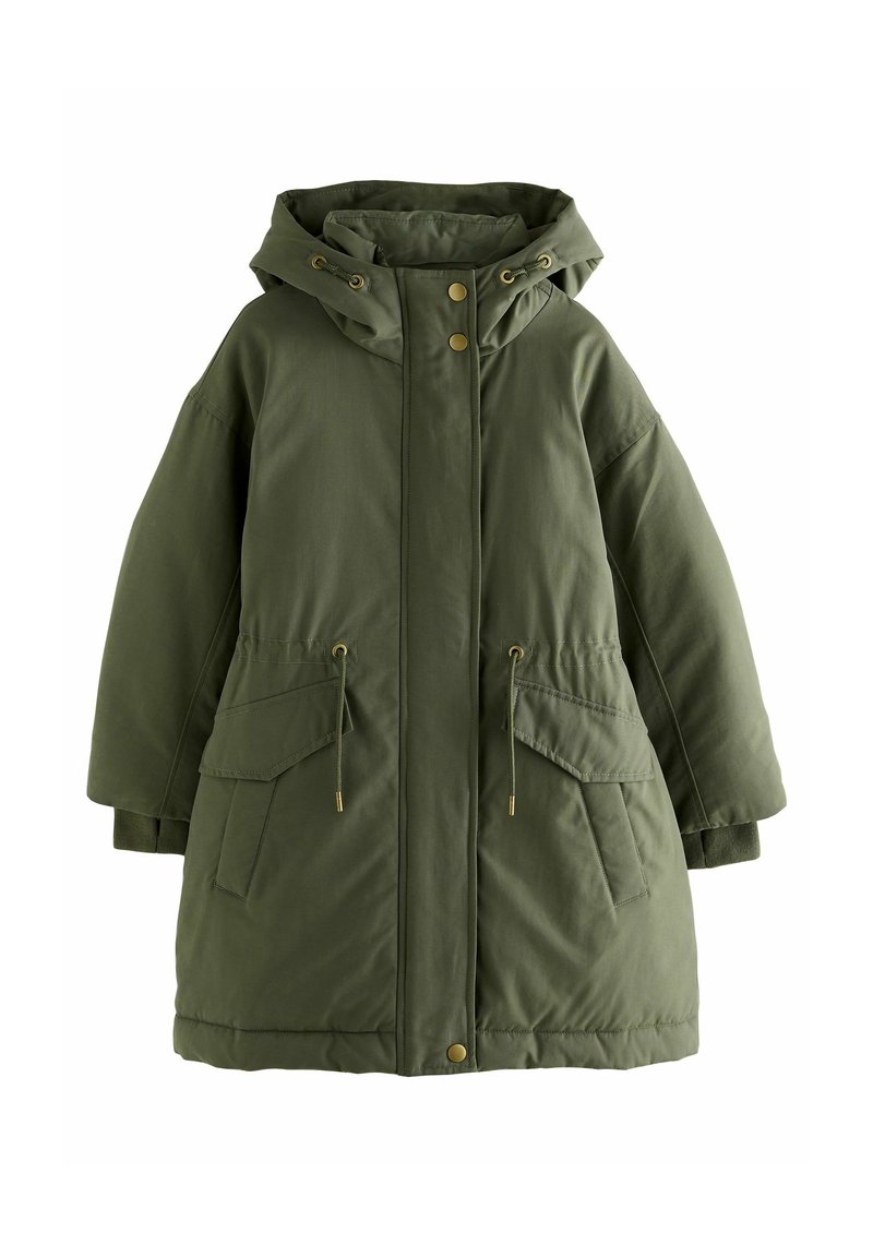 Khakigrüne Daunenjacke mit Kapuze, ausgestattet mit goldfarbenen Druckknöpfen, Kordelzug in der Taille und zwei Fronttaschen. Glattes, strukturiertes Material.