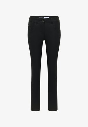 Pantalones negros de tela elástica, con un diseño clásico de pierna recta, bolsillos delanteros y un cierre de botón en la cintura.