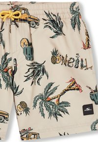 Pantaloni da bagno beige con stampa tropicale colorata che presenta palme, giraffe, auto e cocktail. Vita elastica con cordoncino giallo.