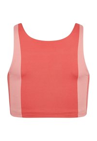 Korall színű crop top széles nyakkivágással, rózsaszín oldalsó panelek jellemzik. Simaságot biztosító anyagból készült, testéhez simuló sziluettje és letisztult varrása van.
