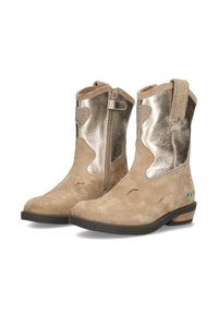 Suede ankle boots in beige with metallic gold accents, star detail, side zipper, and decorative perforations. Low stacked heel.