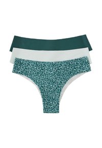 Trois paires de sous-vêtements féminins : une unie de couleur vert foncé, une unie de couleur blanche, et une turquoise avec un motif léopard. Tissu lisse.