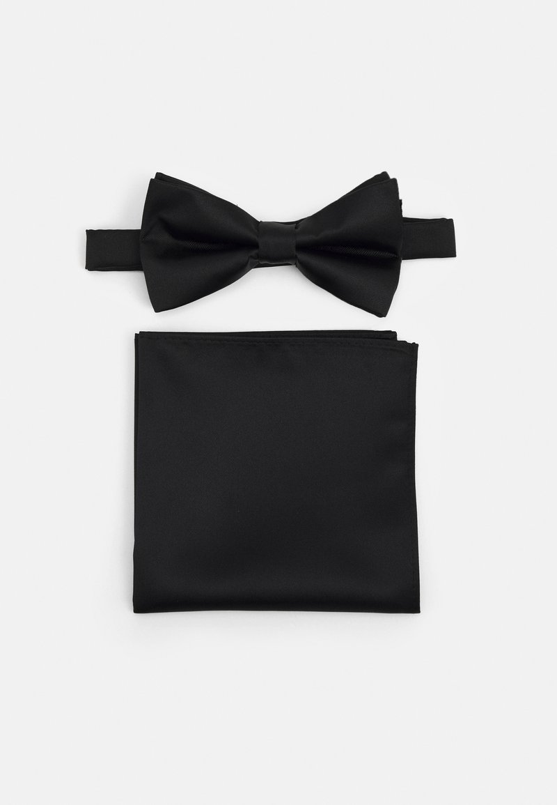 Black silk bow tie with an adjustable strap, paired with a matching pocket square. Both items are smooth-textured and neatly folded.