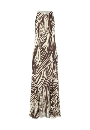 Abito lungo senza maniche con fantasia astratta di foglie marroni e crema, collo alto e silhouette fluente a linea A.