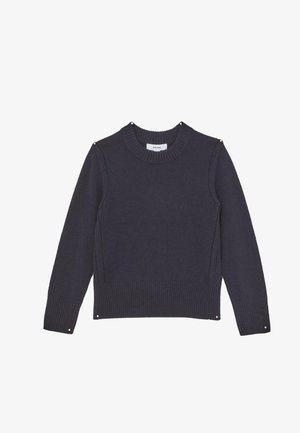 Jersey de lana azul marino oscuro con cuello redondo, mangas largas y puños y dobladillo acanalados, colocado plano sobre fondo blanco.