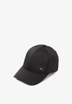Black cap with a smooth fabric, rounded crown, and curved brim. Features a small branded tag on the front.