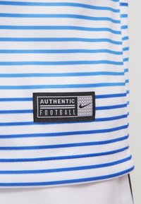 Camiseta de fútbol de Nike con rayas horizontales en azul claro y oscuro sobre un fondo blanco, con un parche negro que dice "AUTÉNTICO FÚTBOL".