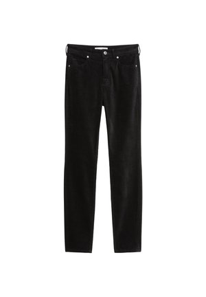 Pantalon en velours côtelé noir taille haute avec fermeture à bouton et fermeture éclair, poches avant et arrière, présenté sur un fond blanc.
