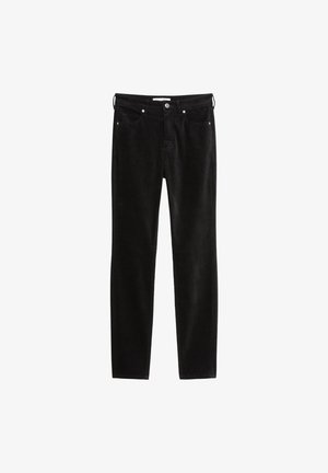 Schwarze hochtaillierte Cordhosen mit Knopf- und Reißverschluss, vorne und hinten Taschen, auf weißem Hintergrund dargestellt.