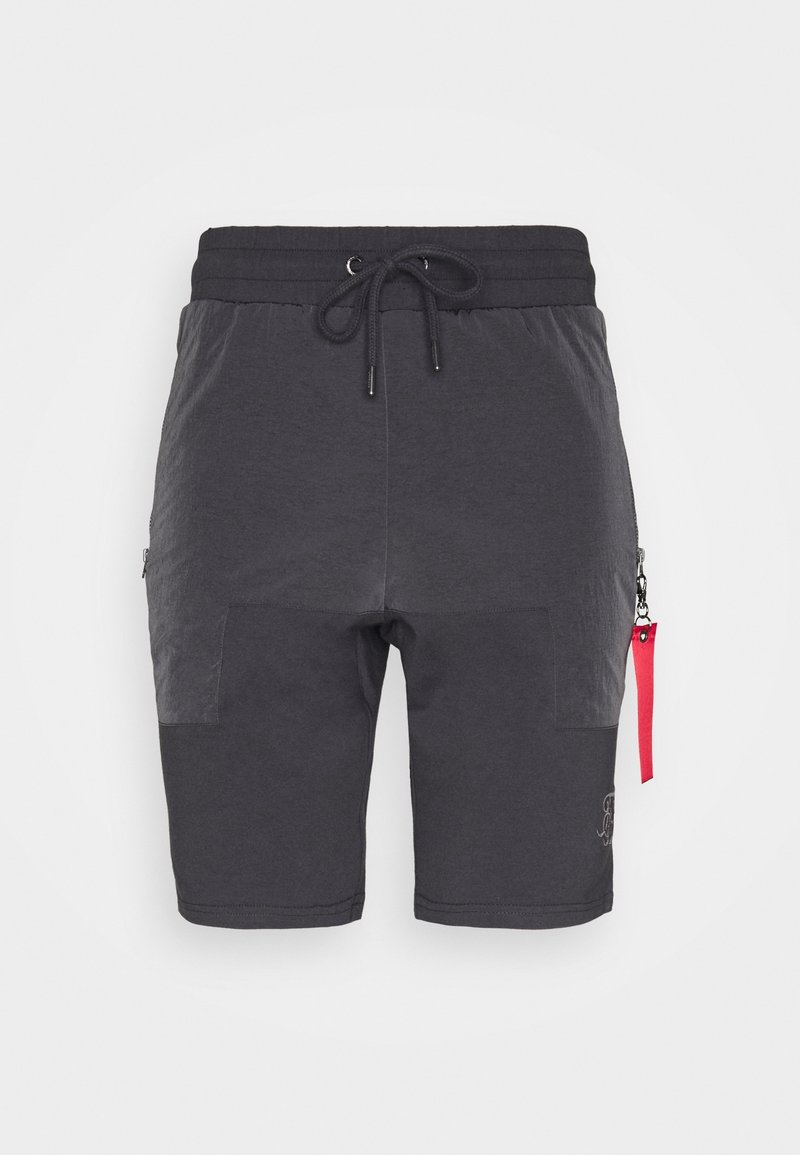 Pantaloni sportivi grigi con vita con cordoncino, tasche frontali, pannelli in tessuto a contrasto e un passante rosso per la cerniera.