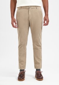 Beige Corduroyhose mit geradem Schnitt, vertikaler Rippung, Knopfverschluss und Seitentaschen. Getragen mit braunen Schuhen.