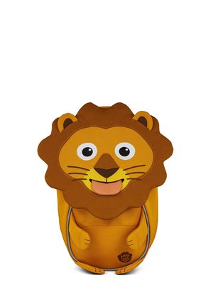 Children’s yellow and brown lion-shaped backpack with large eyes, stitched facial features, and front paws, against white background.