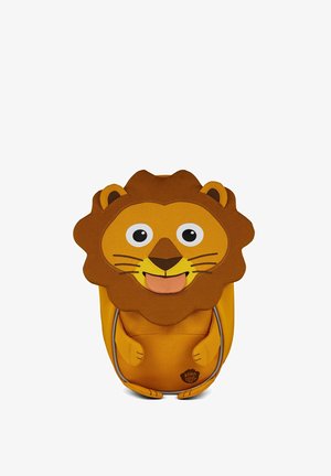 Children’s yellow and brown lion-shaped backpack with large eyes, stitched facial features, and front paws, against white background.