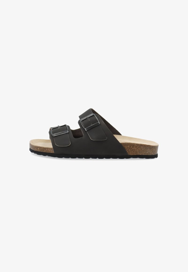 Sandali neri a due cinturini con fibbie argentate, soletta in sughero e suola nera texturizzata. Design piatto adatto per l'abbigliamento casual.