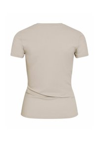 Beige kortermet tettsittende T-skjorte vist bakfra med et enkelt design og rund hals.