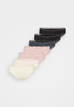 Set de opt chiloți pentru femei în diferite culori: negru, gri, navy, roz și alb. Material moale cu dantelă pe talie.