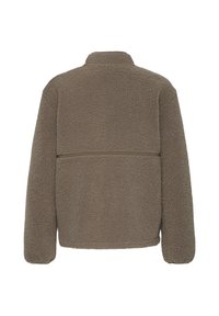 Veste polaire marron à manches longues et col montant, vue de dos sur fond blanc.