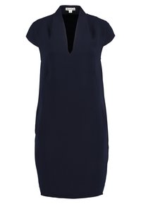 Navy blue knee-length dress with short sleeves and deep V-neck collar, designed by Whistles.