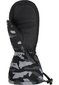 Schwarze und graue Camouflage-Handschuhe mit einer strukturierten schwarzen Handfläche, elastischem Bündchen und verstellbarem Kordelzug für einen sicheren Sitz.