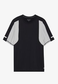 Schwarz-graues Sport-T-Shirt mit kurzen Ärmeln, das an jeder Seite ein strukturiertes graues Panel und minimale Nähdetails aufweist.