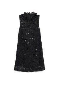 Μαύρο φόρεμα από δαντέλα με βολάν στο ντεκολτέ, διακοσμημένο με παγιέτες, αμάνικο σχέδιο και μήκος μέχρι το γόνατο.